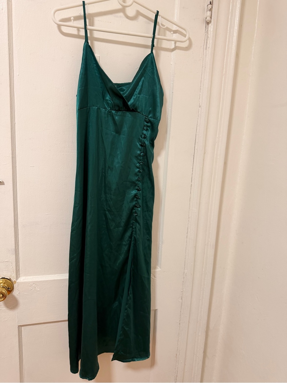 AKIRA Teal Satin Slip Maxi Dress with Side Button Detail